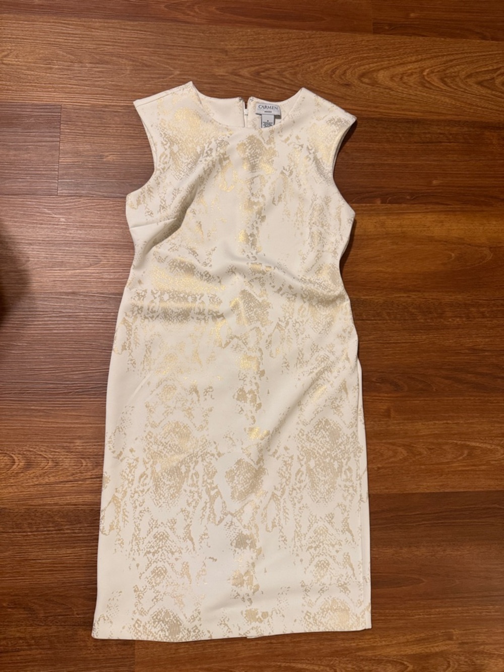 Carmen Marc Valvo Cream Dress with Gold Metallic Motif